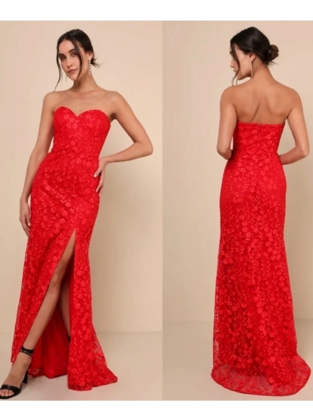 NWT Lulus Romantic Beauty Red Floral Embroidered Strapless Maxi Dress M